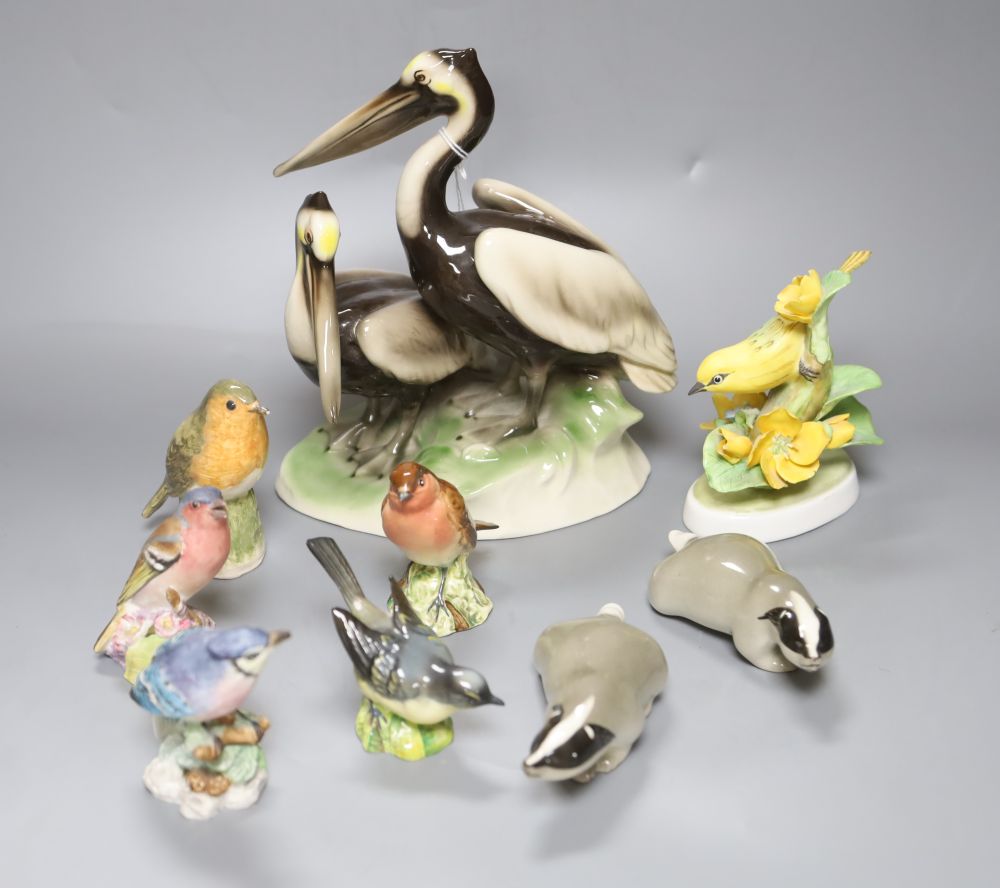 An Austrian Keramos group of pelicans, six Royal Worcester and other bird models and two Lomonosov porcelain badgers